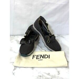 Fendi Black Leather Ruffle Trim Slip On Athletic Sneakers Shoes Size 39 Italy